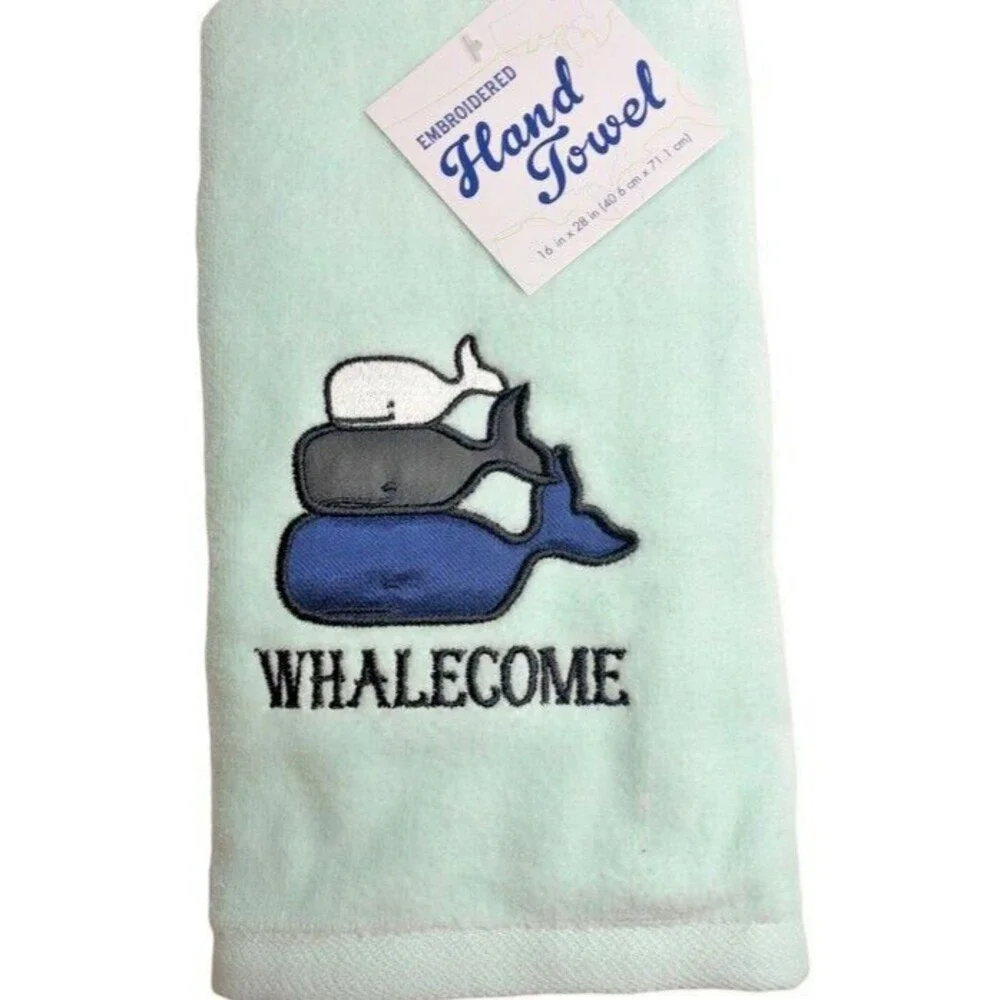 Whale Hand Towels Embroidered Bath Summer Beach Mint Green Set of 2 Whales